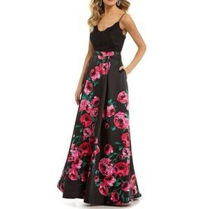 B Darlin Black Lace Bodice Pink Floral Gown Prom Backless Juniors 7/8